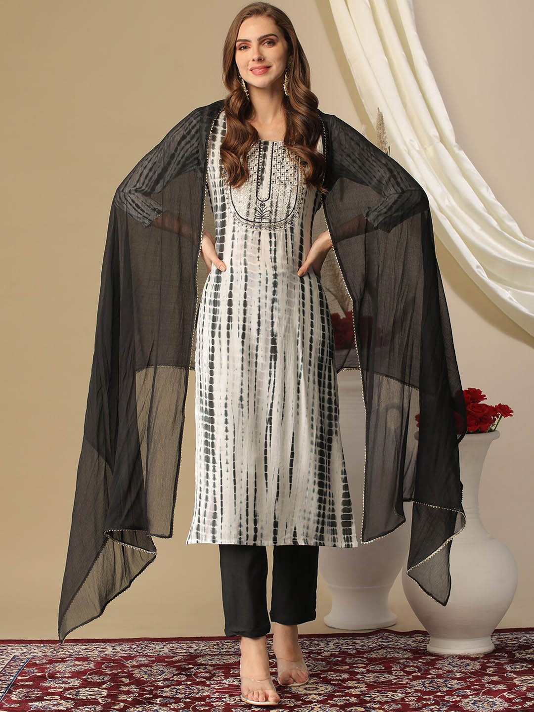 

GoSriKi Abstract Printed Regular Kurta with Trousers & With Dupatta, Black