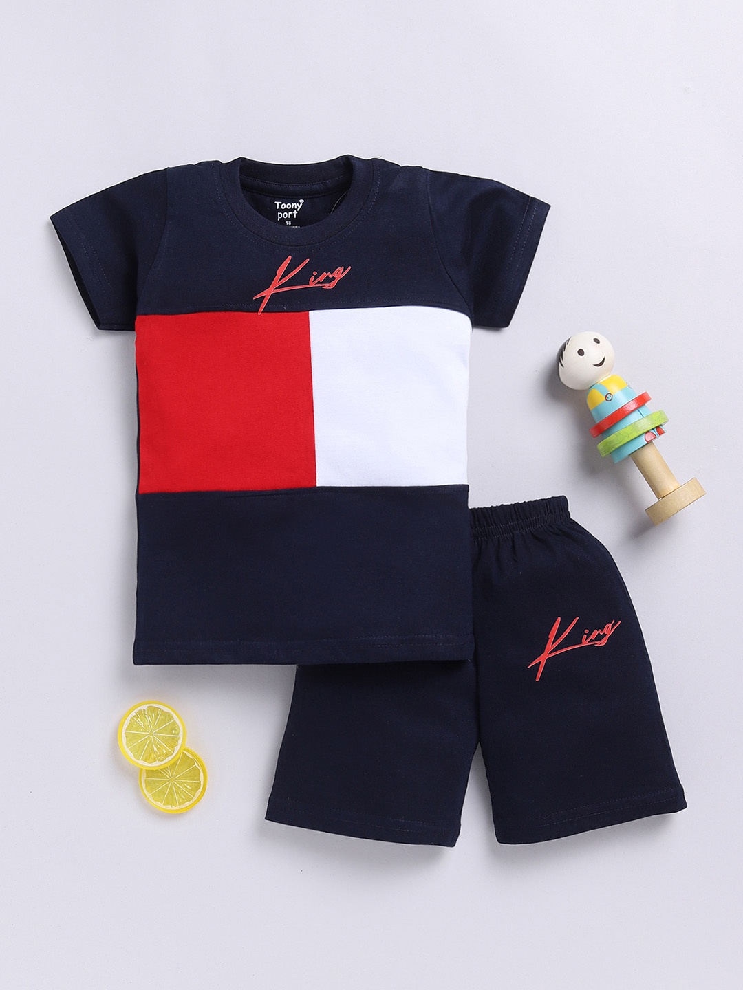 

Toonyport Boys Colourblocked Pure Cotton T-shirt with Shorts, Red