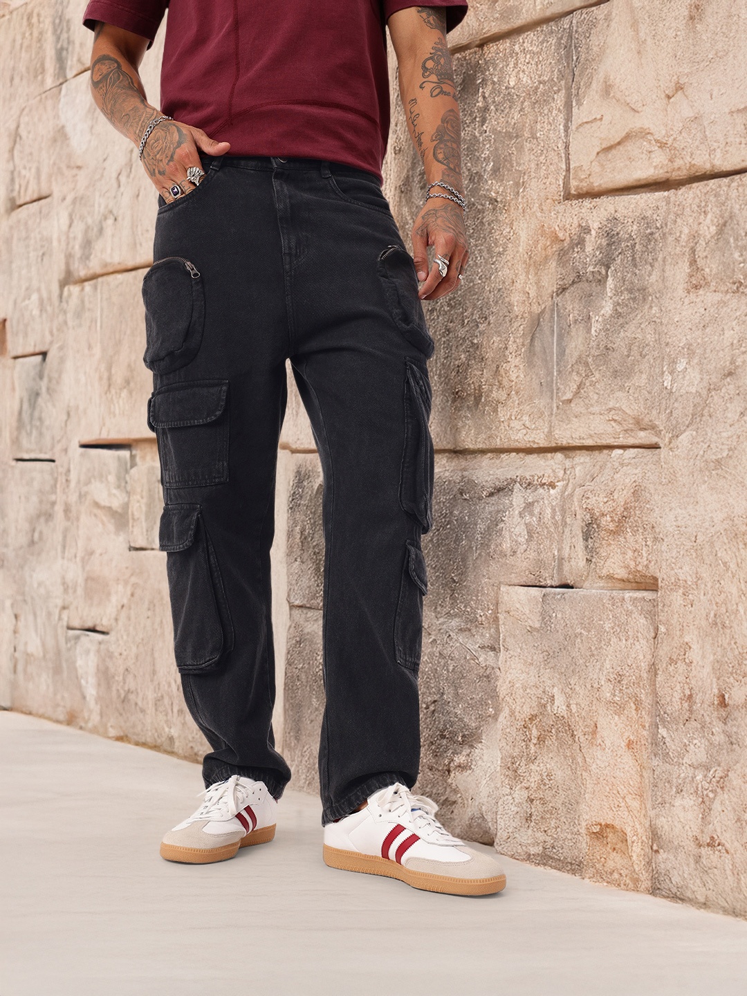 

Kook N Keech Men Urban Utility Cargo Jeans, Black