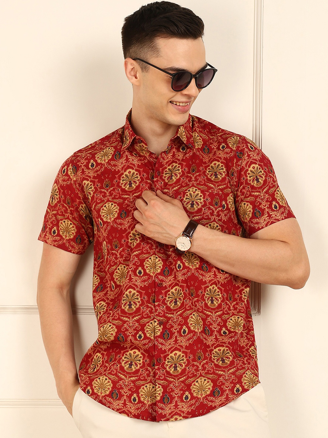 

FUBAR Ethnic Motifs Printed Spread Collar Classic Slim Fit Cotton Casual Shirt, Red