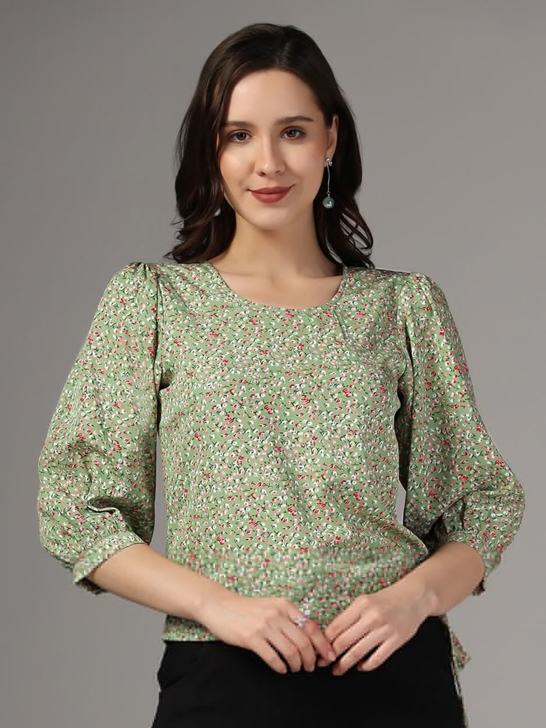 

OMPAX Floral Printed Puff Sleeves Waist Tie-Up Top, Green