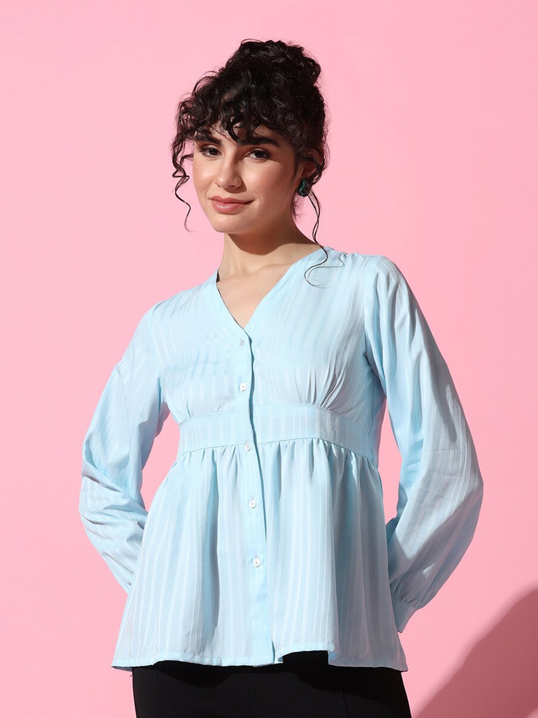 

OMPAX Striped Gathered Puff Sleeves Shirt Style Peplum Top, Blue
