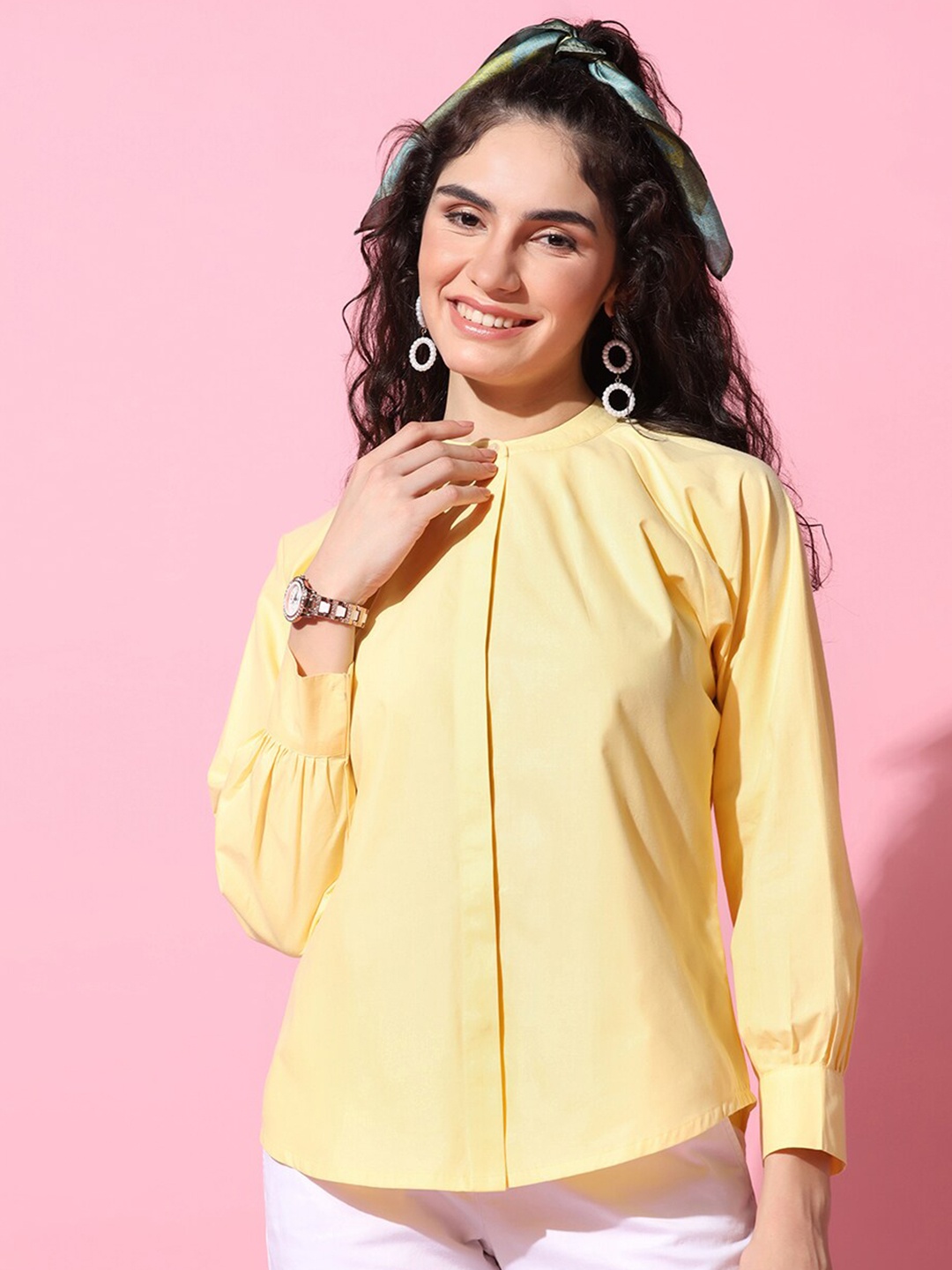 

OMPAX Mandarin Collar Cuffed Sleeves Casual Top, Yellow