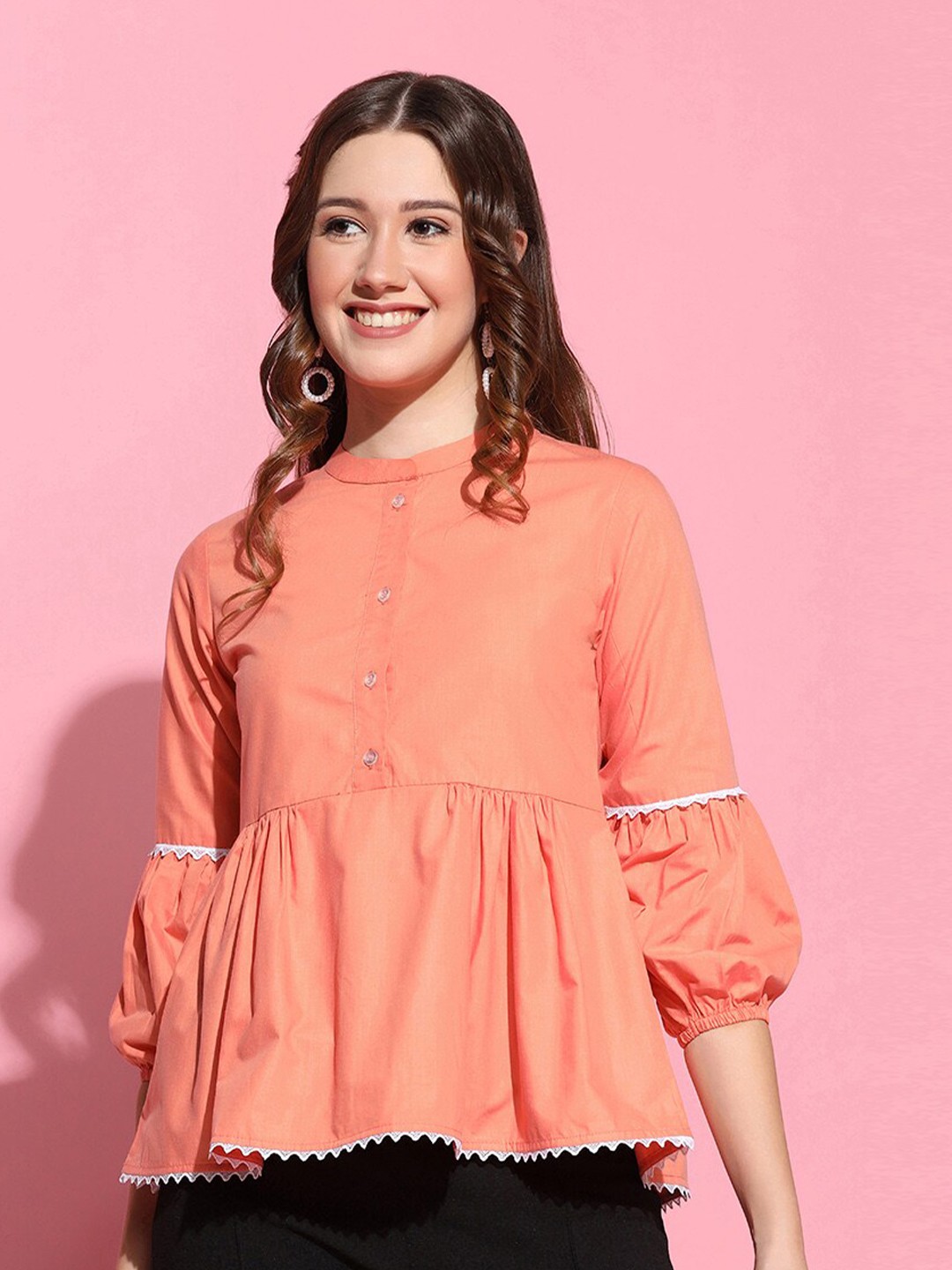 

OMPAX Pleated Lace-Insert Band Collar Puff Sleeves Peplum Top, Orange