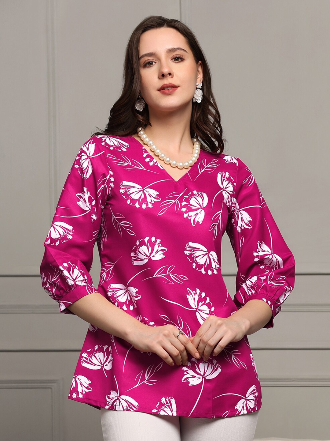 

OMPAX Floral Printed V Neck Cuffed Sleeves Top, Magenta