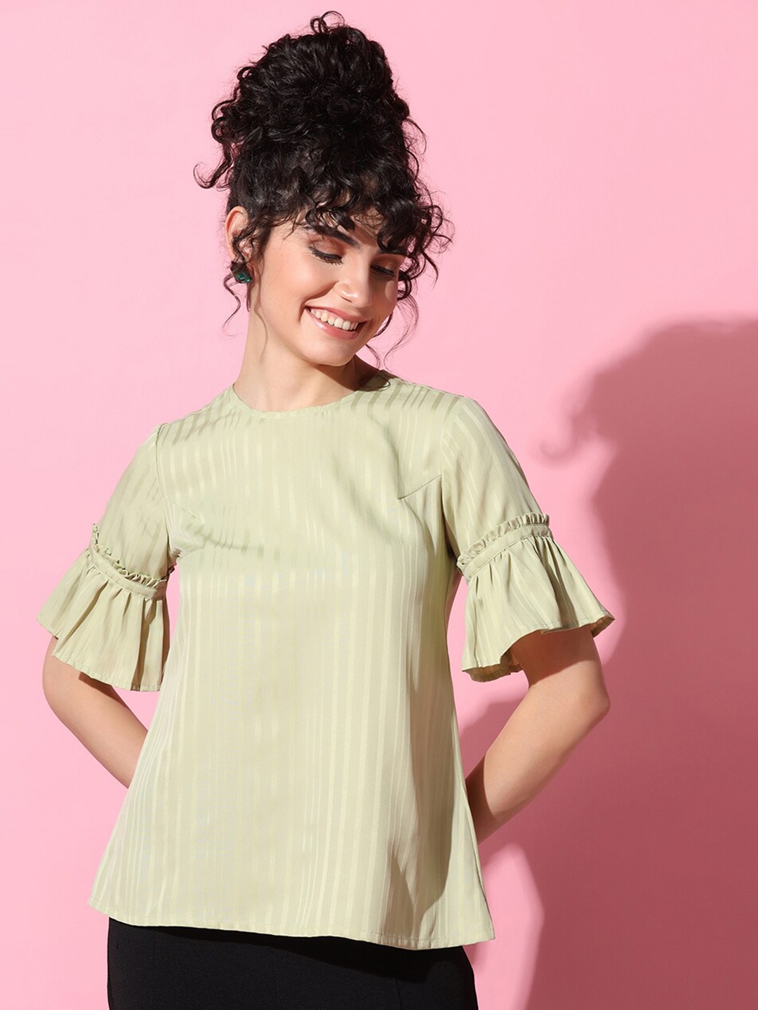

OMPAX Striped Round Neck Bell Sleeves Ruffles A-Line Top, Green