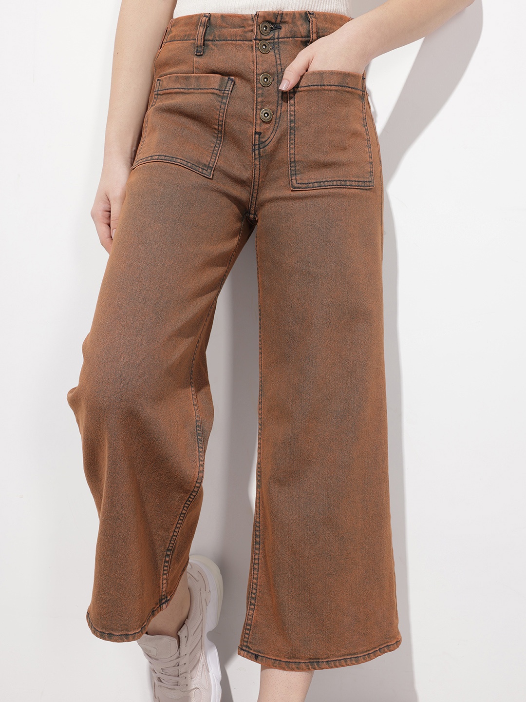 

DressBerry Slay In Power Patch Pocket Street Style Fade Wide Leg Jeans, Rust