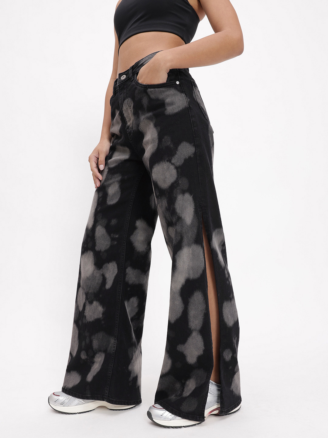 

DressBerry Women Wide Leg Abstract Anti-Basic Jeans, Black