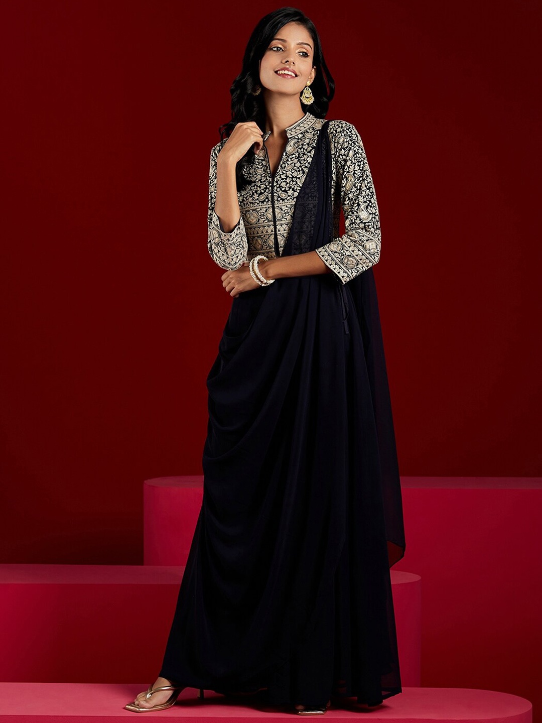 

Libas Art Embroidered Georgette Top & Palazzos with Dupatta Co-Ord Set, Navy blue
