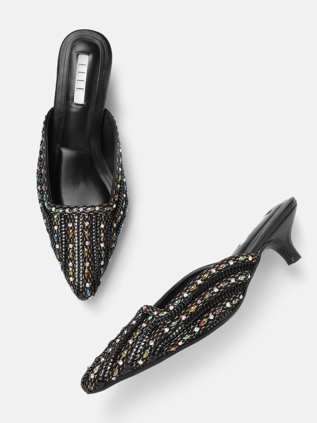 

ELLE Embellished Ethnic Kitten Heel Mules, Black