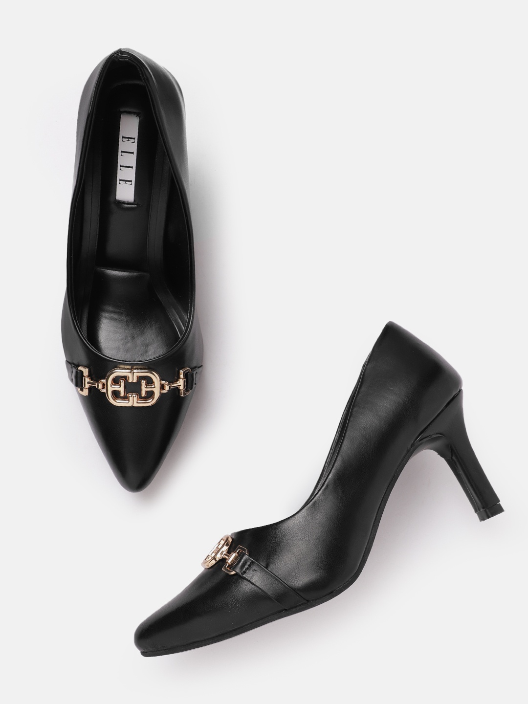 

ELLE Slim Heeled Pointed Toe Pumps with Buckle, Black
