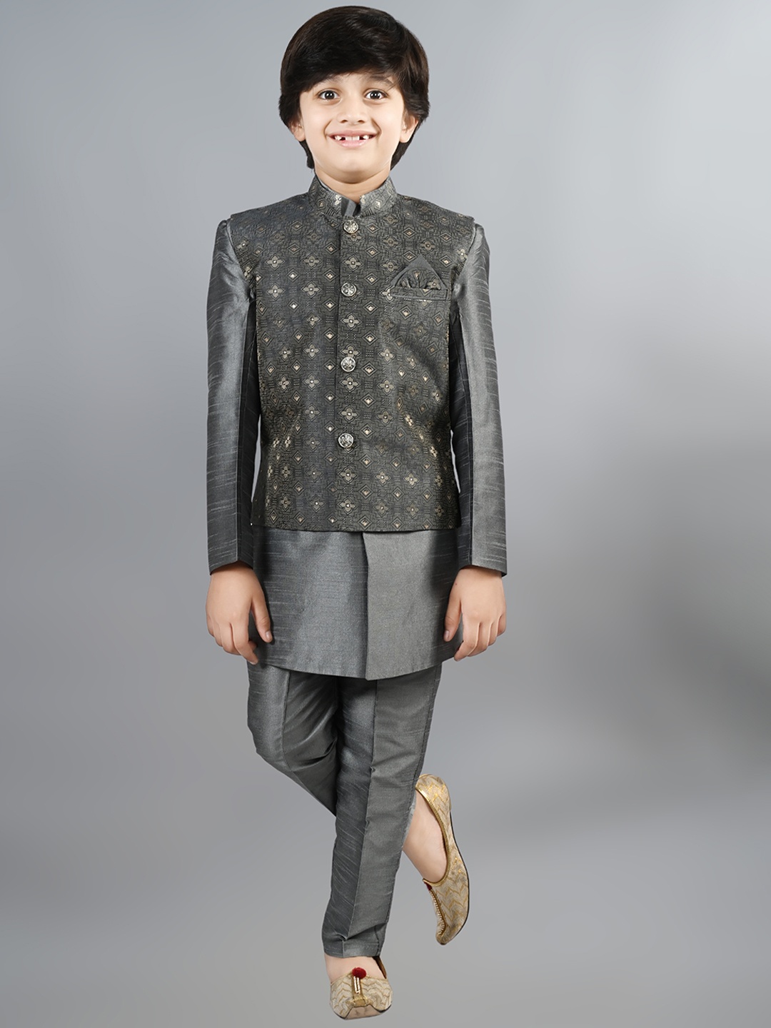 

ahhaaaa Boys Printed Mandarin Collar Sherwani Set, Grey