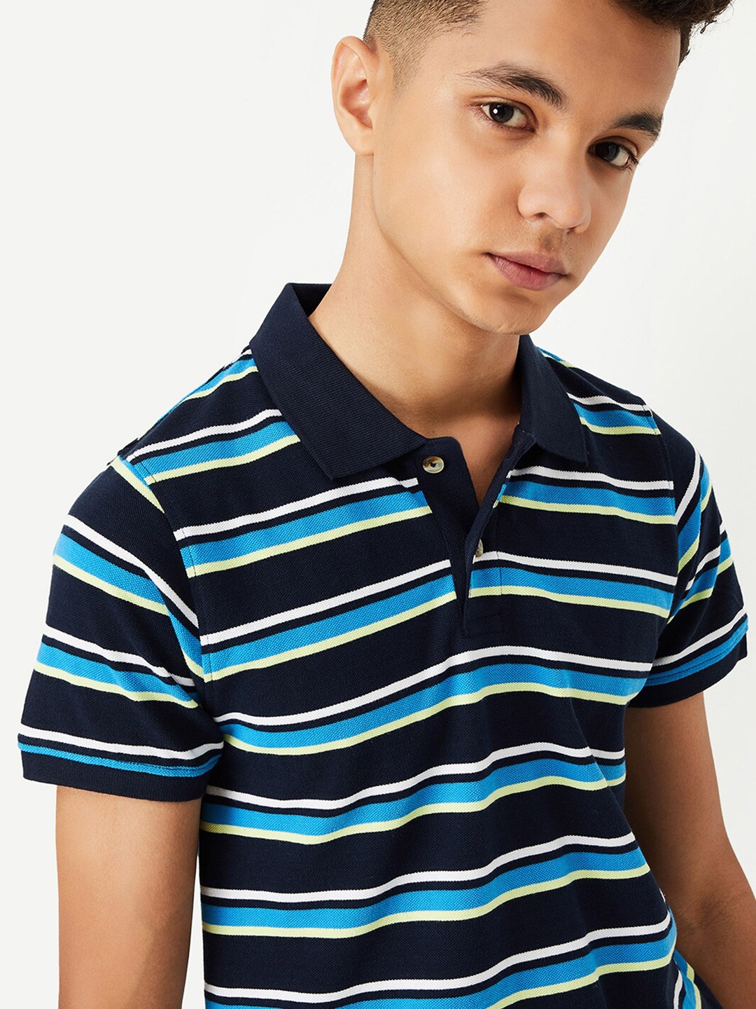 

max Boys Striped Polo Collar Pure Cotton T-shirt, Navy blue
