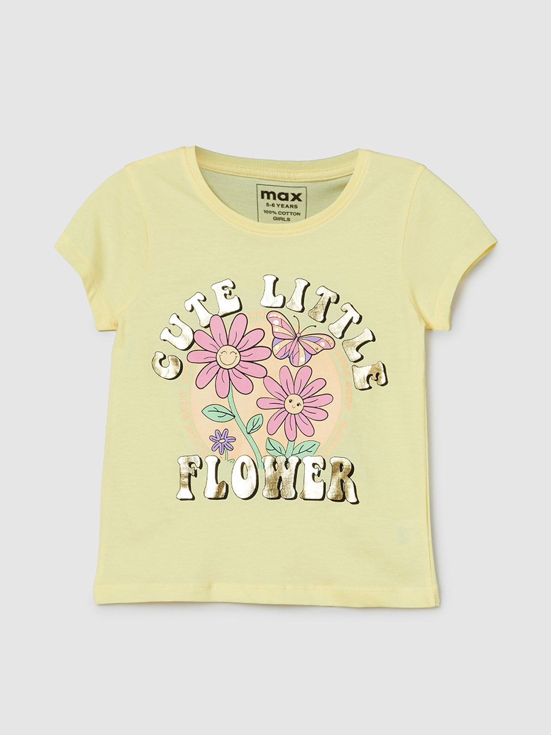 

max Girls Typography Printed Pure Cotton T-shirt, Yellow