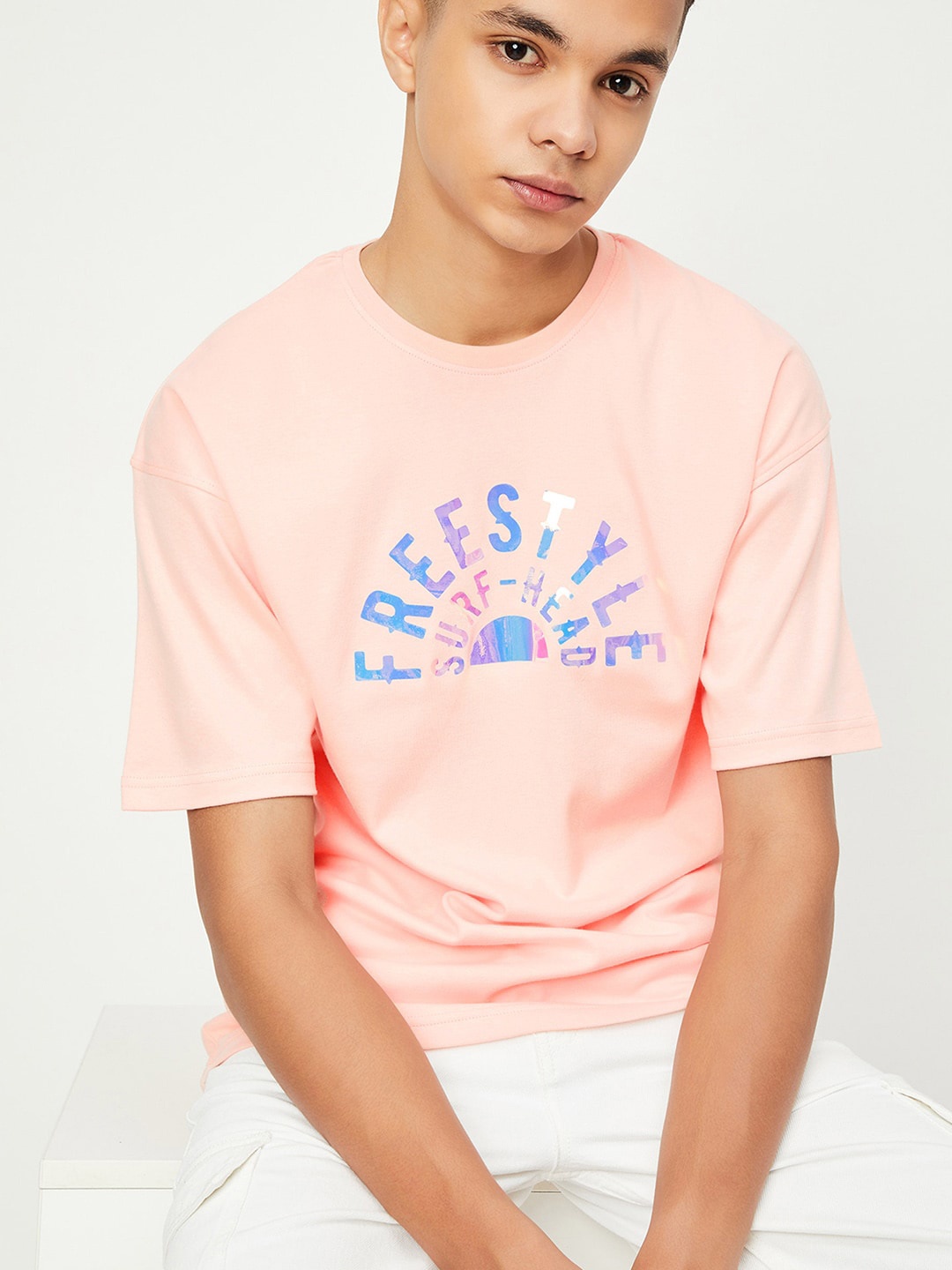 max Boys Typography Printed Drop-Shoulder Sleeves Pure Cotton T-shirt, Pink