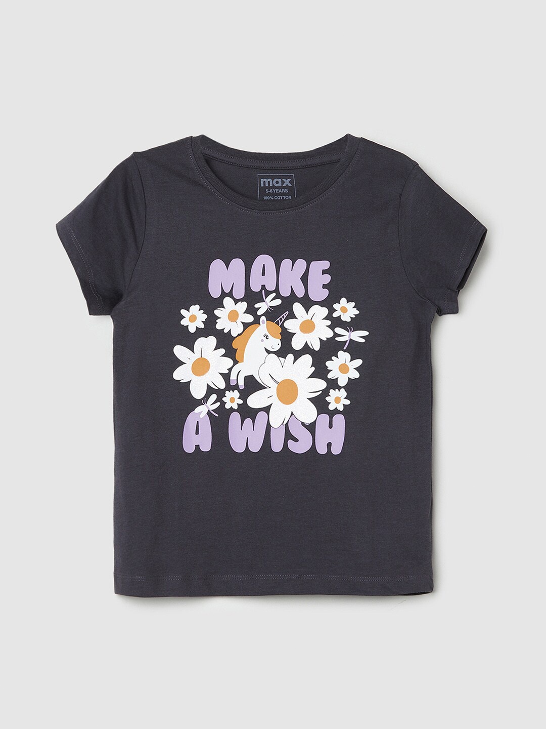 

max Girls Floral Printed Pure Cotton T-shirt, Charcoal