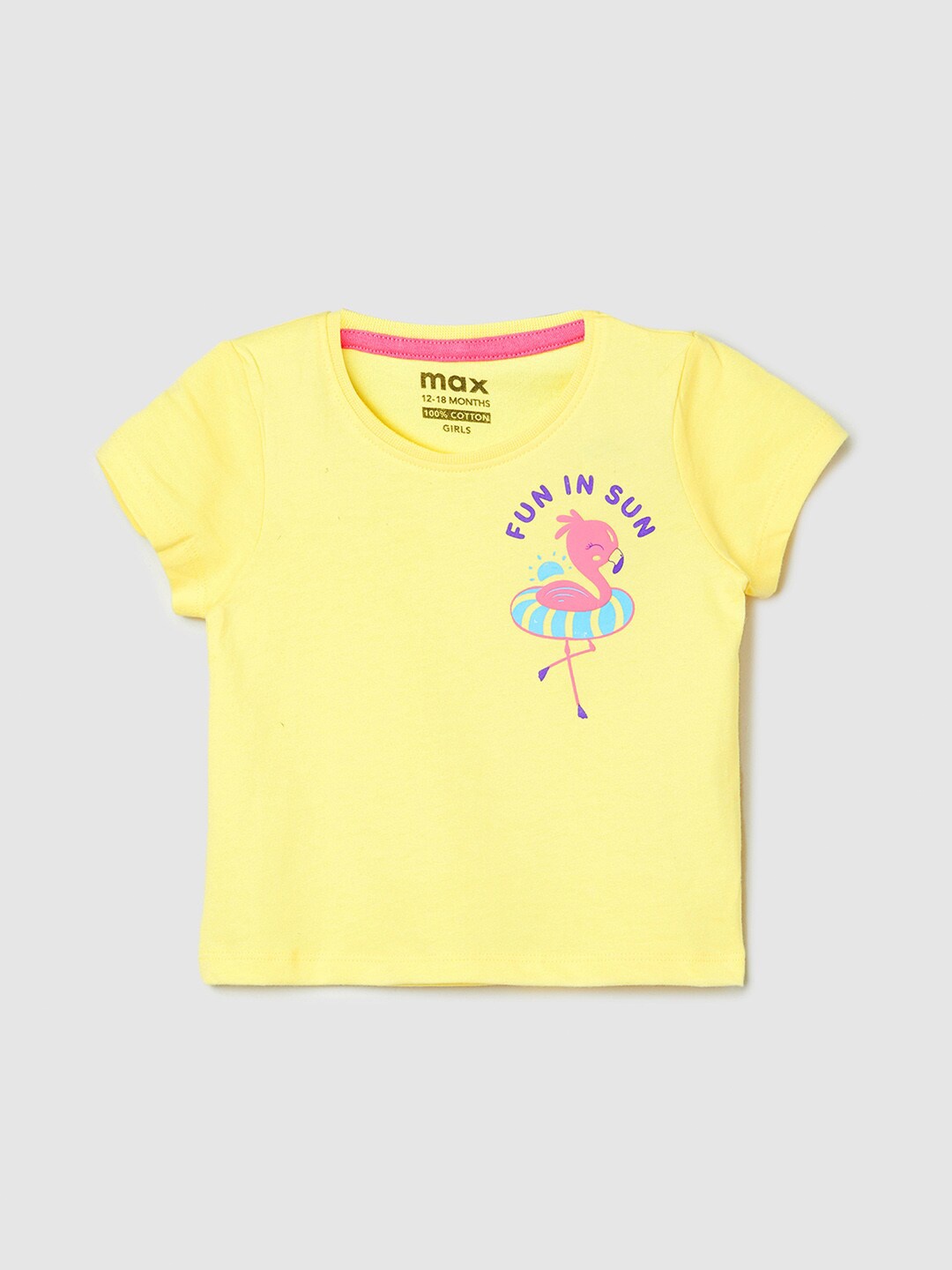 

max Girls Printed Pure Cotton T-shirt, Yellow