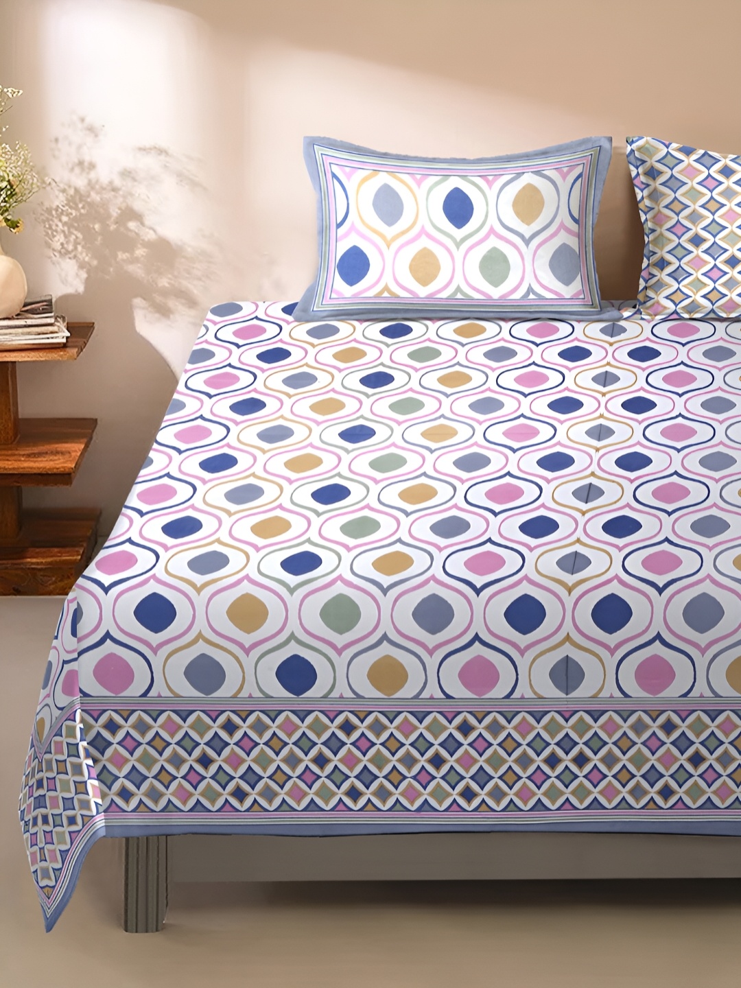 

Rajasthan Decor White & Blue Geometric 210 TC King Bedsheet with 2 Pillow Covers