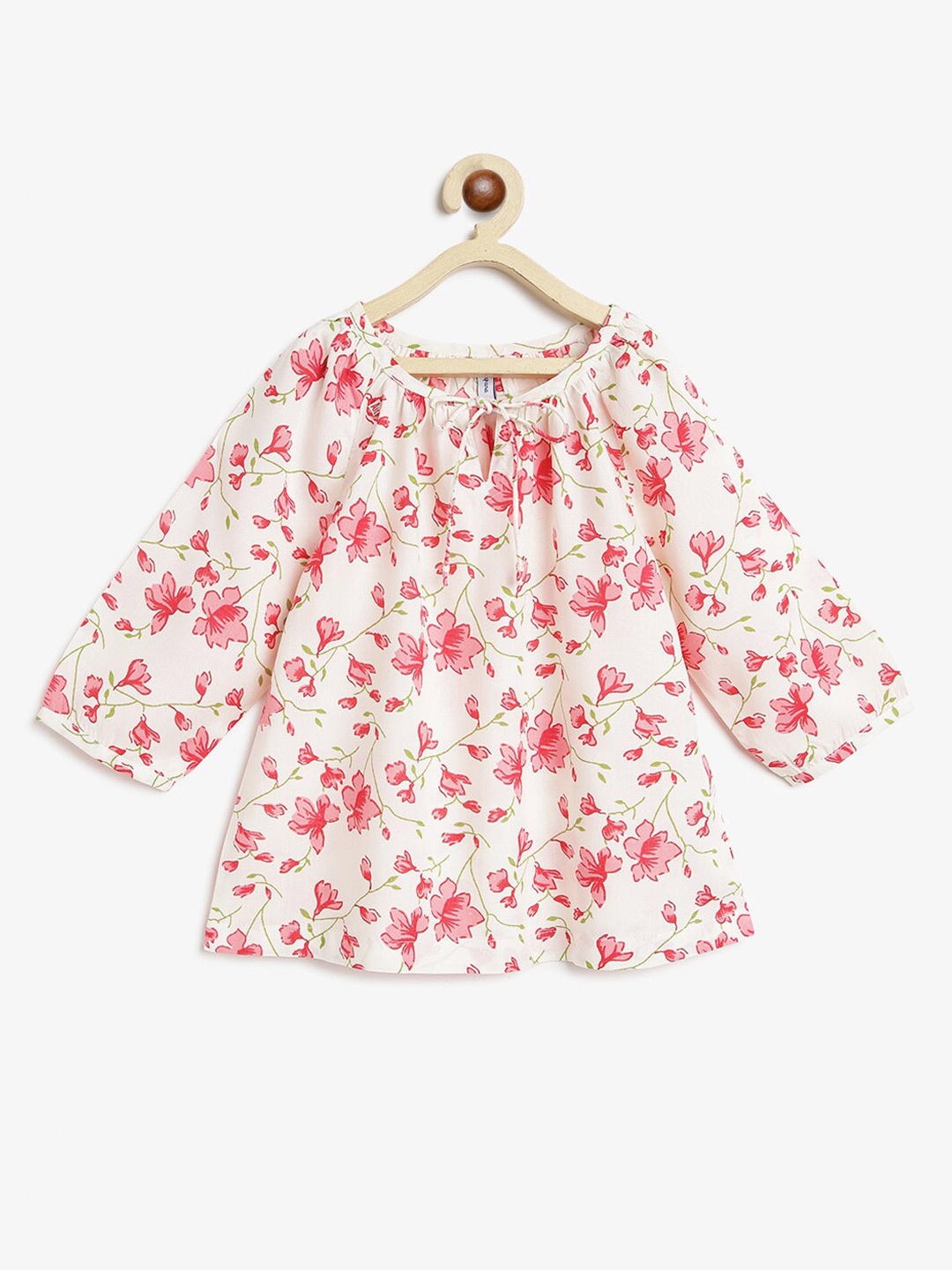 

Campana Girls Floral Printed Tie-Up Neck Raglan Sleeves A-Line Top, White