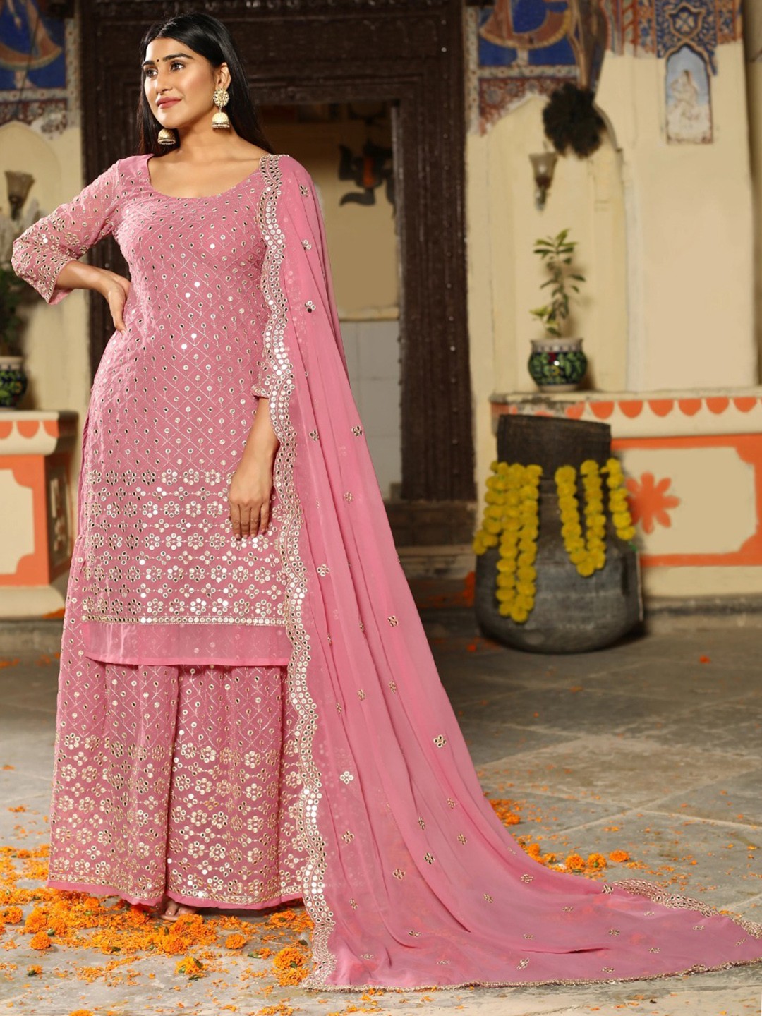 

Rujave Geometric Embroidered Straight Kurta With Sharara & Dupatta, Pink