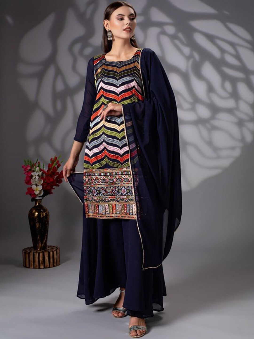 

Rujave Floral Embroidered Sequined Regular Kurta with Sharara & Dupatta, Navy blue
