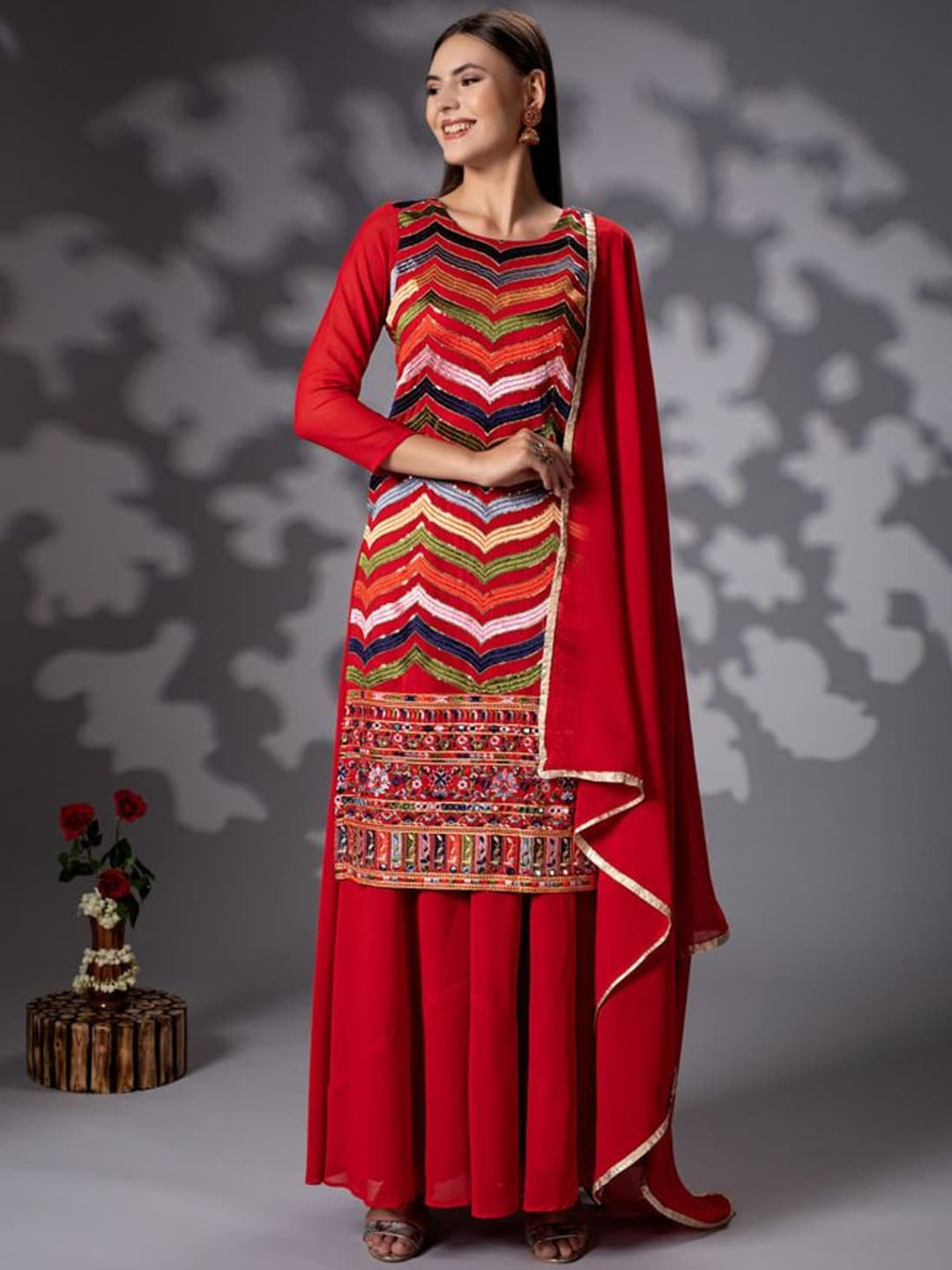 

Rujave Floral Embroidered Sequinned Kurta with Sharara & Dupatta, Red