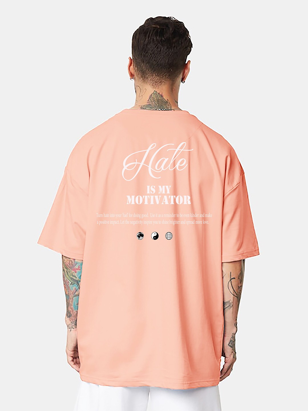 

MISCHIEF MONKEY Typography Printed Cotton Oversized T-shirt, Peach