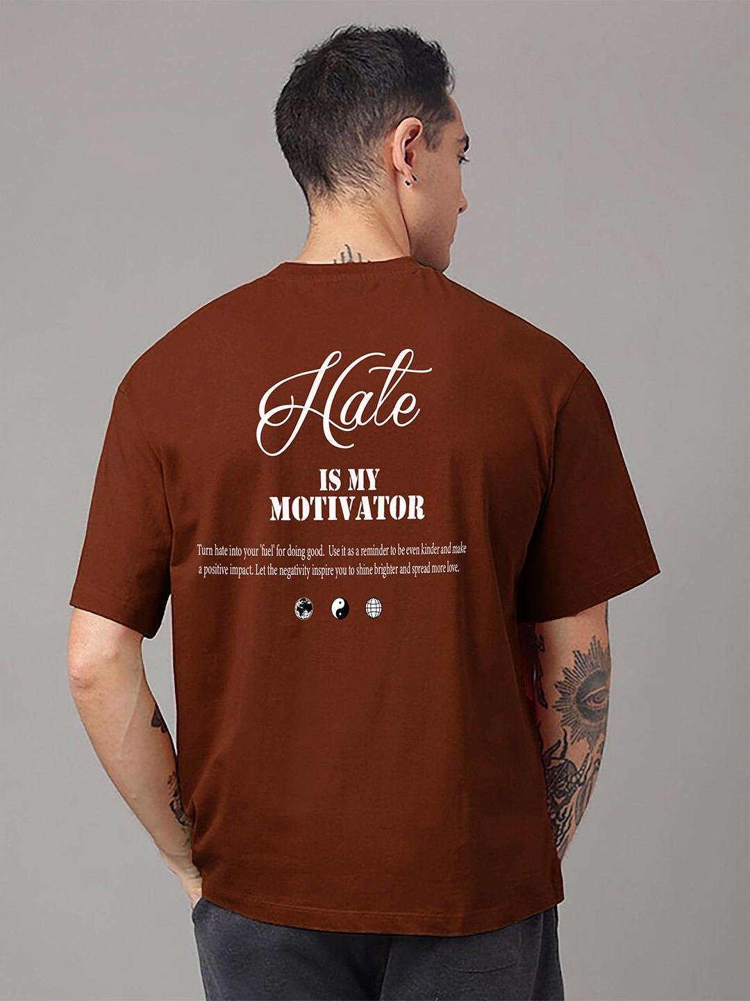 

MISCHIEF MONKEY Typography Printed Oversized Cotton T-shirt, Coffee brown