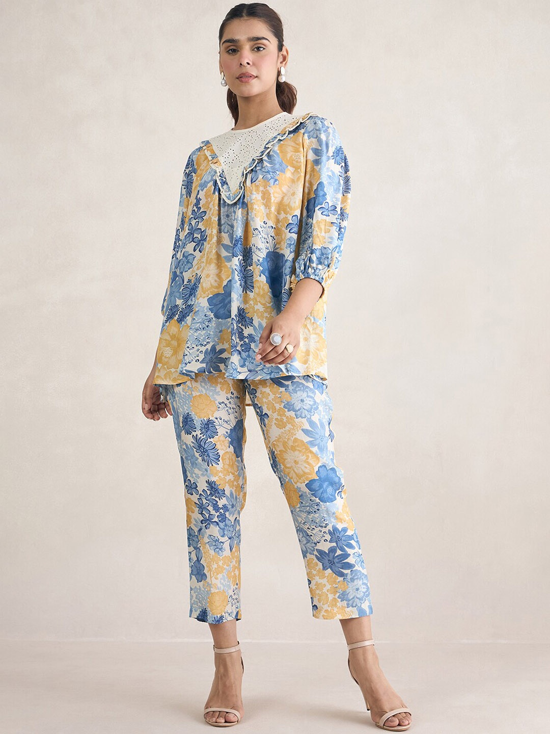 

Femella Floral Printed Schiffli Detailed Top with Trousers, Yellow