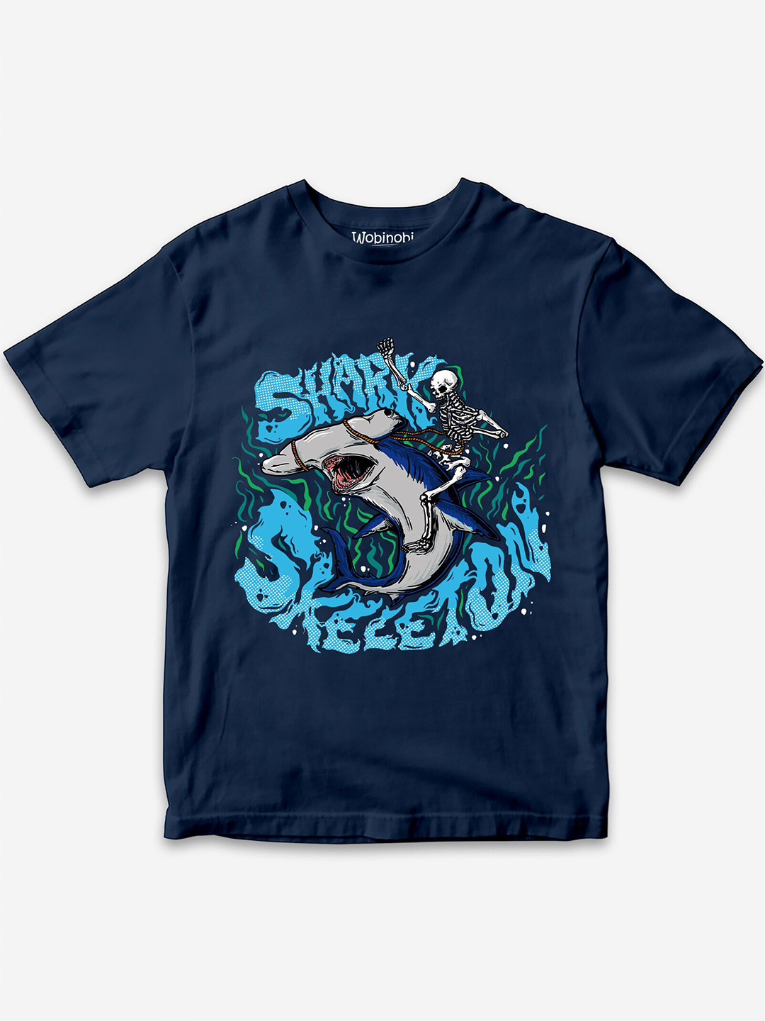 

Wobinobi Boys Shark Print Bio Finish Pure Cotton T-shirt, Navy blue