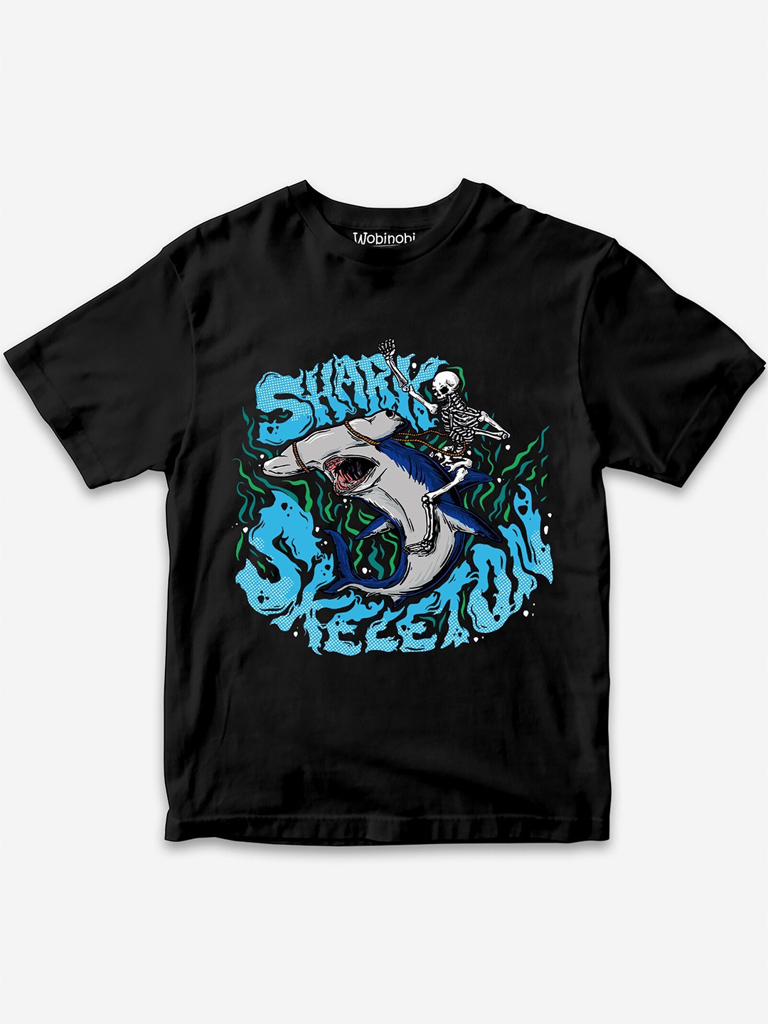 

Wobinobi Boys Shark Print Bio Finish Pure Cotton T-shirt, Black