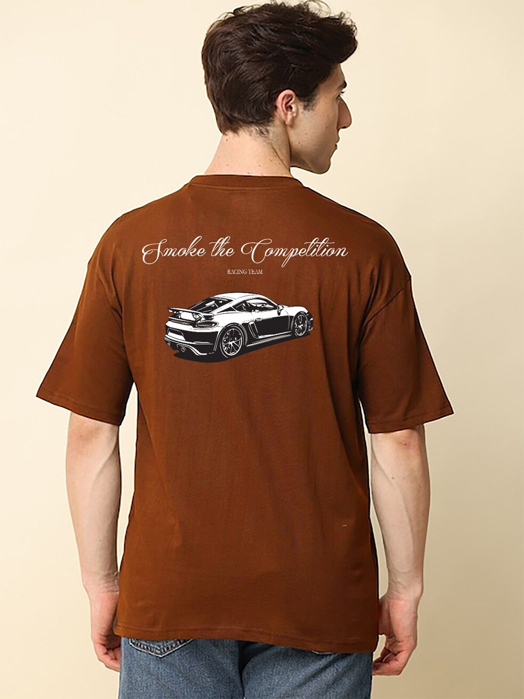 

MISCHIEF MONKEY Biker Printed Oversized Cotton T-shirt, Coffee brown