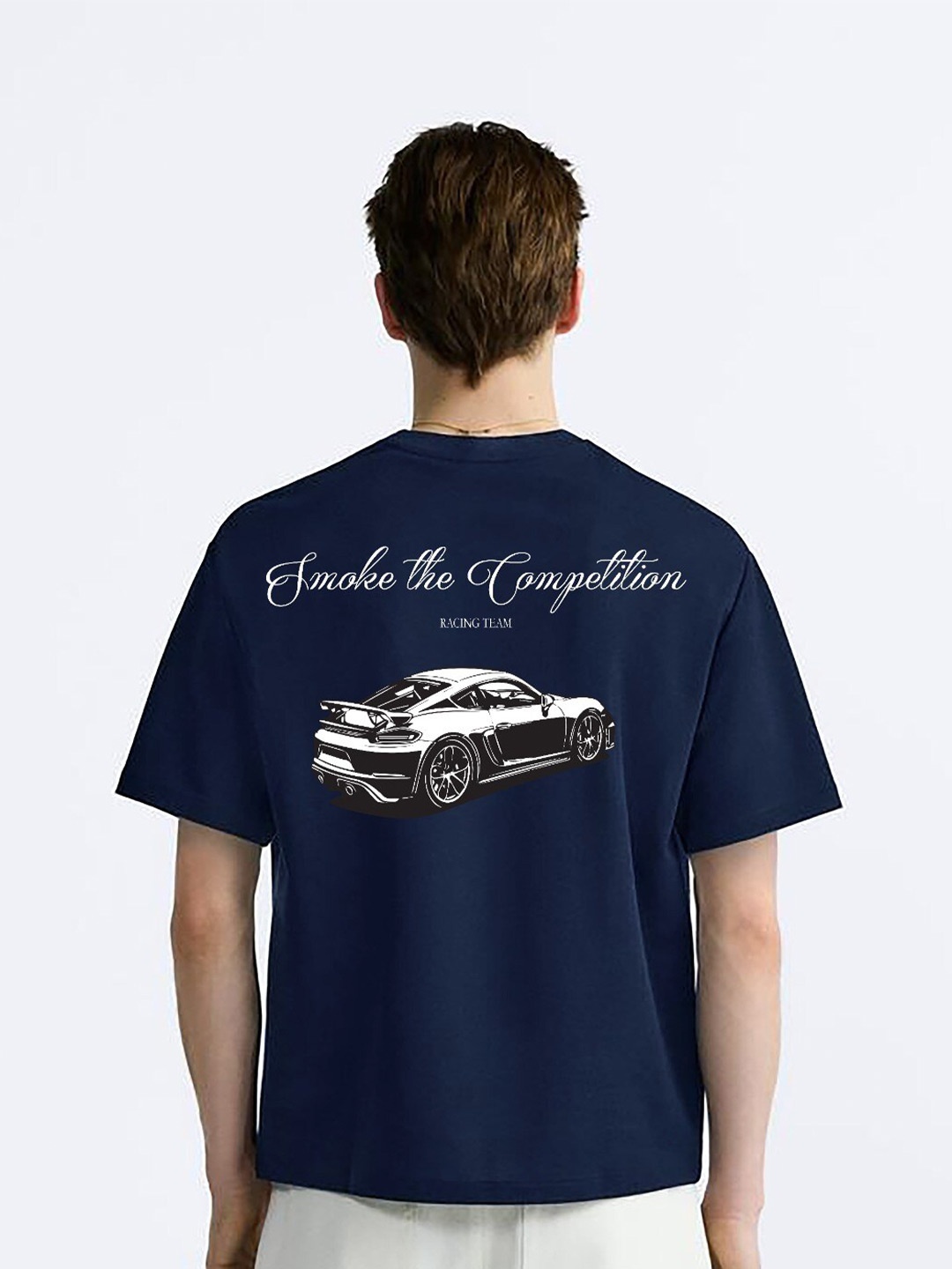 

MISCHIEF MONKEY Typography Printed Oversized Cotton T-shirt, Navy blue