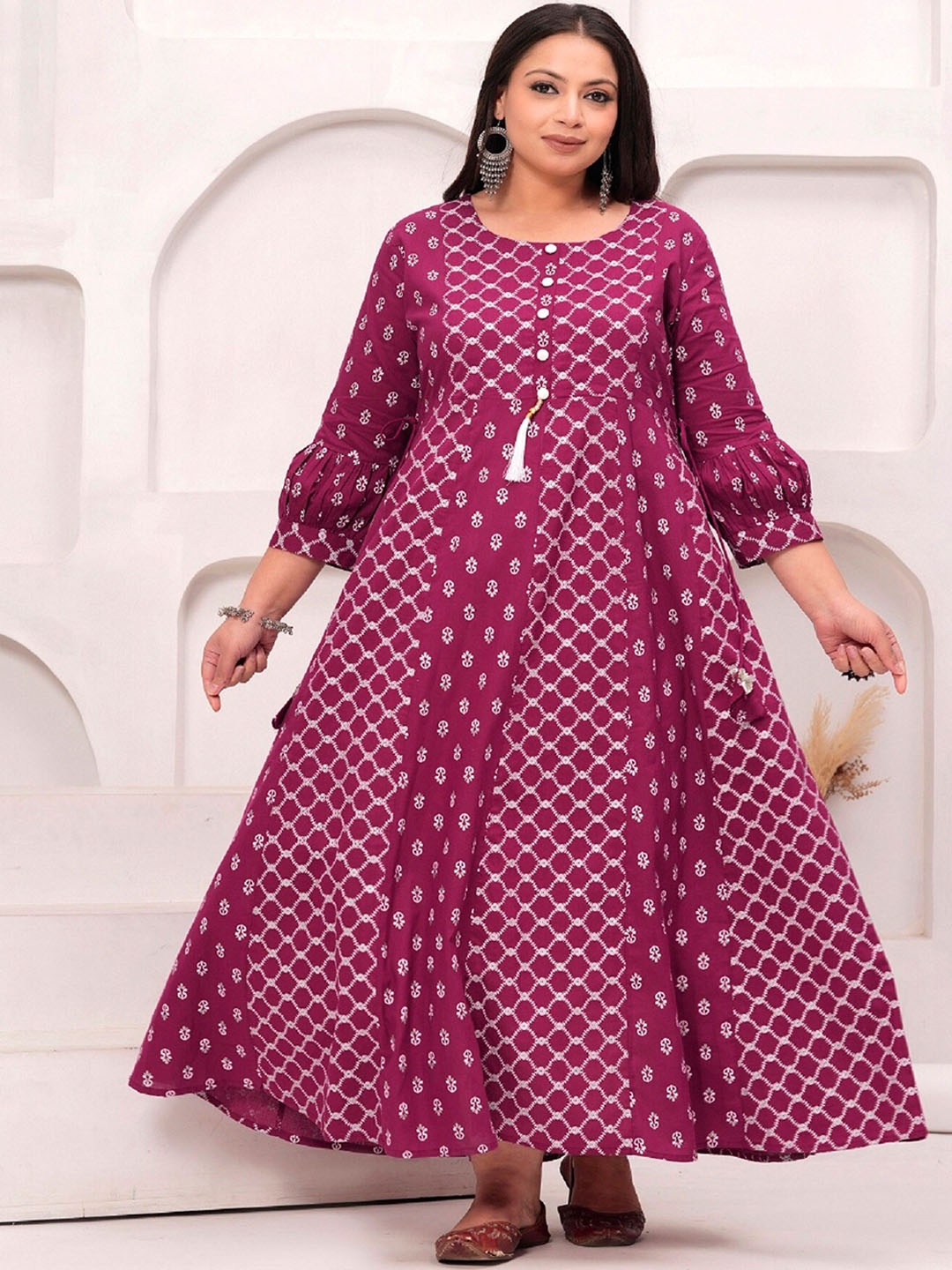 

LABULY Plus Size Geometric Print Puff Sleeves Pleated Pure Cotton Anarkali Kurta, Maroon