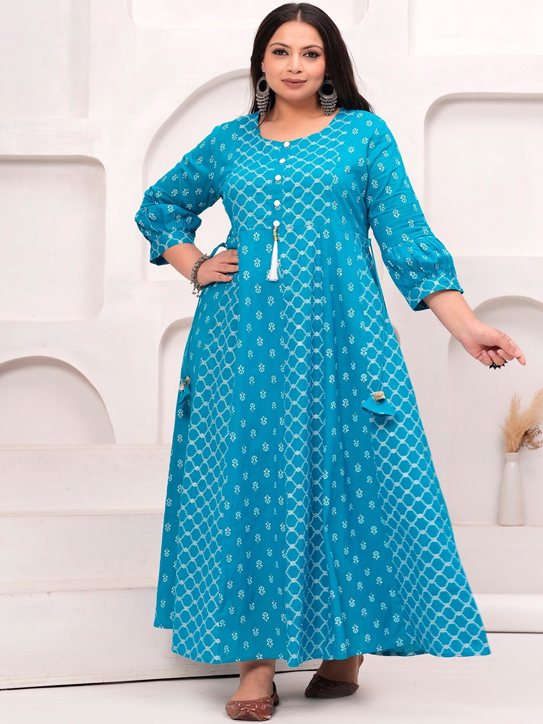 

LABULY Plus Size Geometric Printed Pure Cotton Anarkali Kurta, Turquoise blue