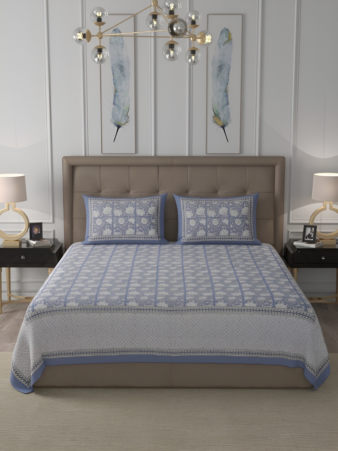 

PATRICKO Teal & White Floral Cotton 400 TC King Bedsheet With 2 Pillow Covers