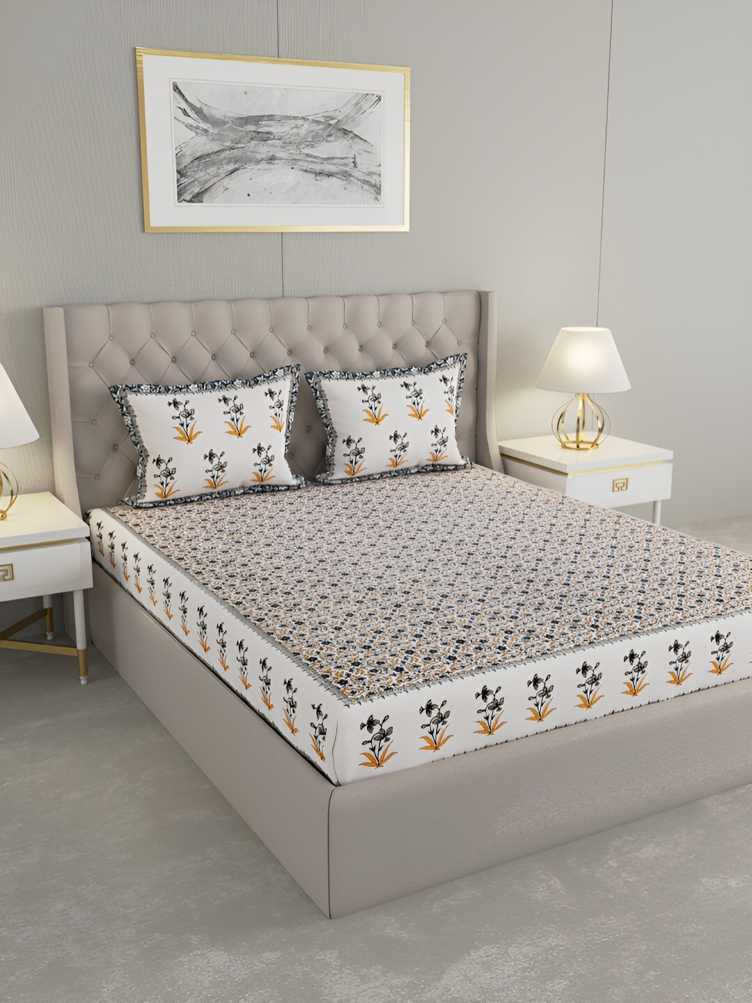 

PATRICKO White & Grey Floral 330 TC Cotton King Bedsheet With 2 Pillow Covers