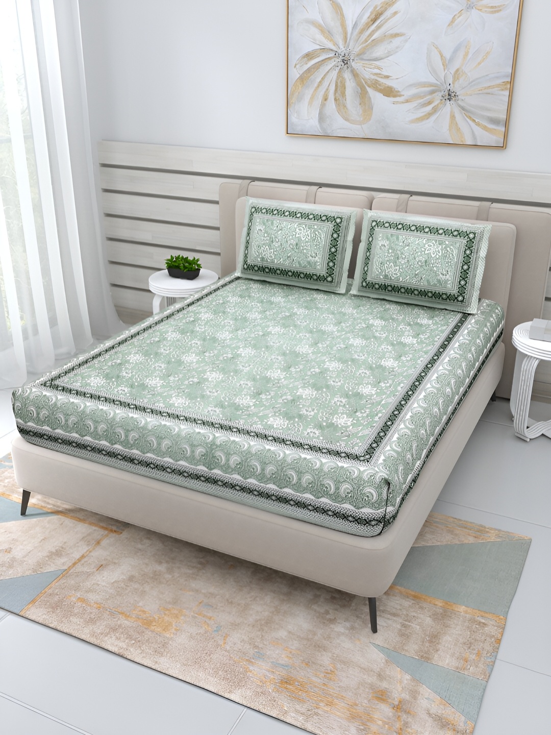 

PATRICKO Green & White Floral Cotton 210 TC Queen Bedsheet with 2 Pillow Covers