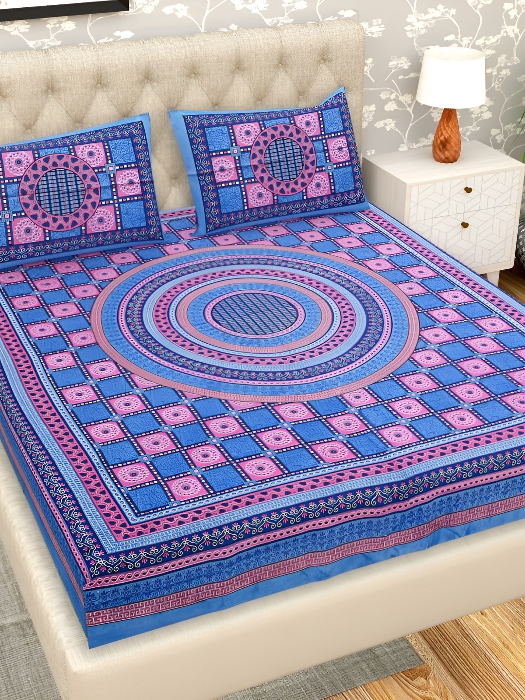 

PATRICKO Teal & Pink Ethnic Motifs Cotton 210 TC Queen Bedsheet with 2 Pillow Covers