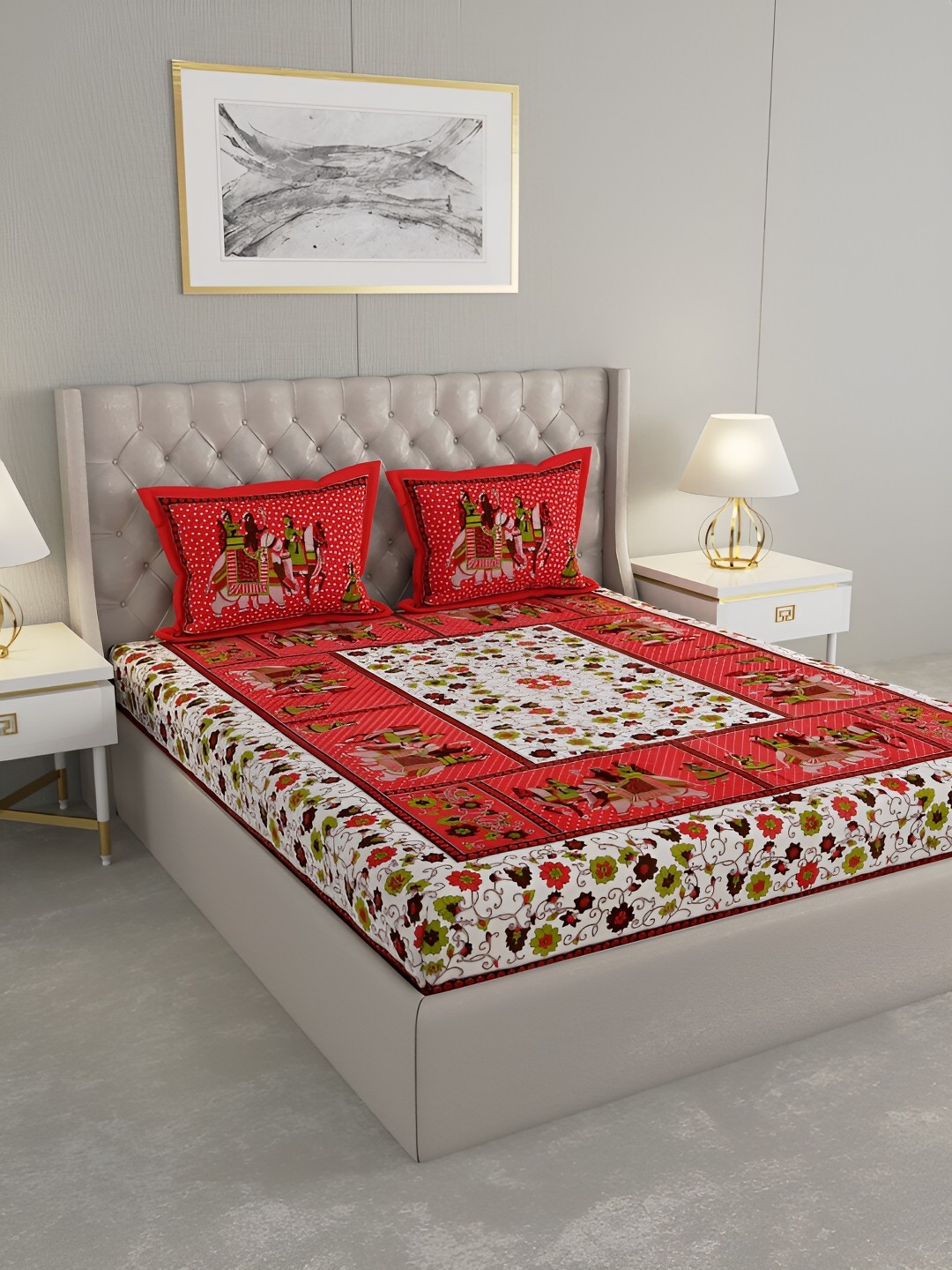 

PATRICKO Red & White Ethnic Motifs 330 TC King Bedsheet with 2 Pillow Covers