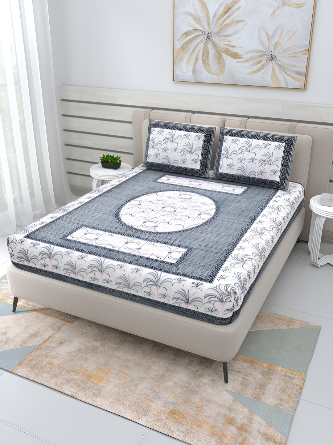 

PATRICKO Grey & White Floral Cotton 210 TC Queen Bedsheet With 2 Pillow Covers