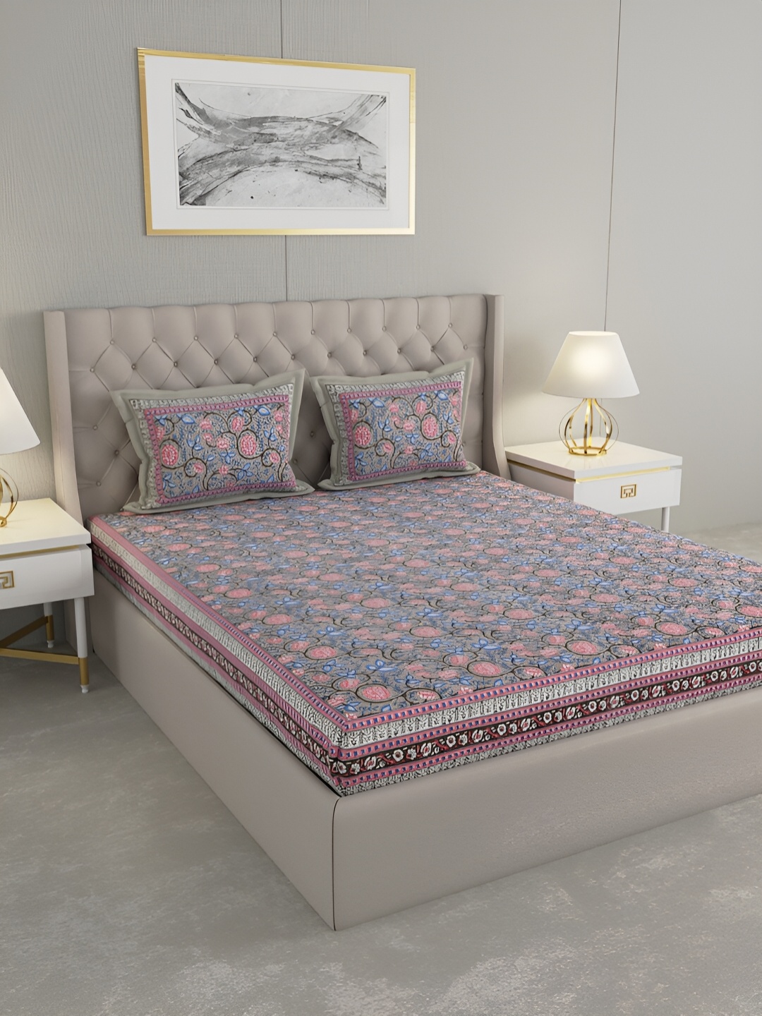 

PATRICKO Blue & Pink Floral 330 TC Cotton King Bedsheet With 2 Pillow Covers