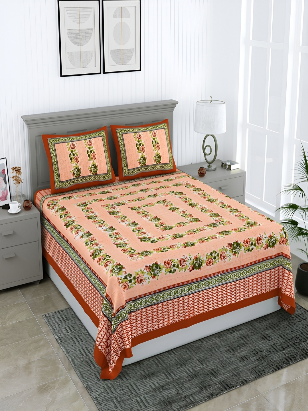 

PATRICKO Cream-Coloured & Green Floral 210 TC Cotton Queen Bedsheet with 2 Pillow Covers