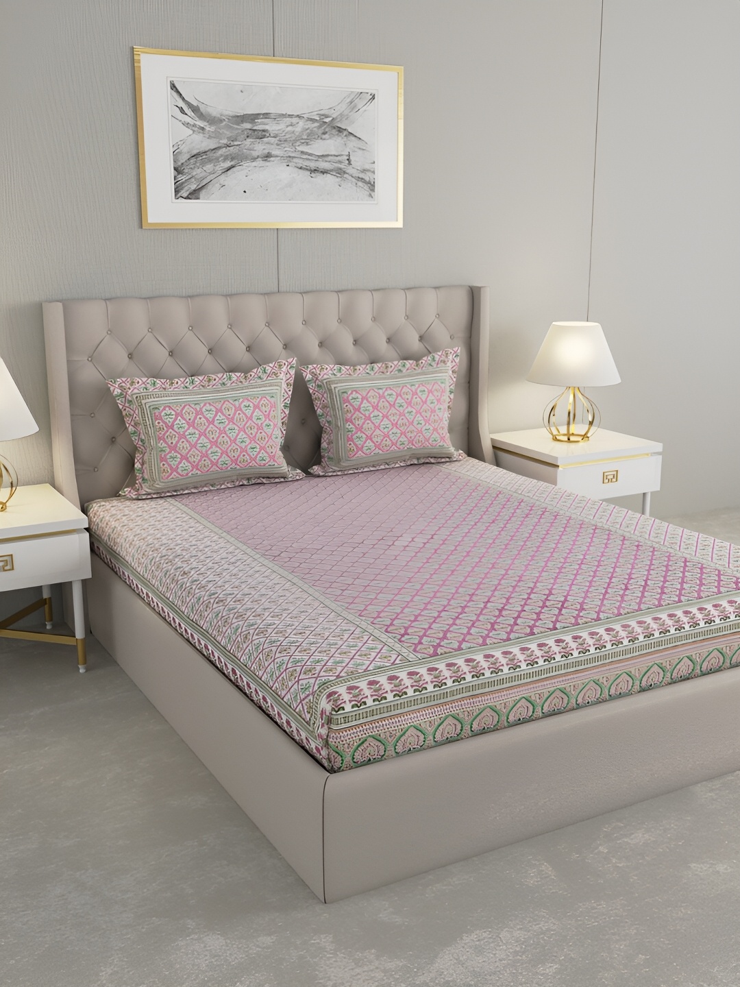 

PATRICKO Purple & Green Floral 330 TC Cotton King Bedsheet with 2 Pillow Covers