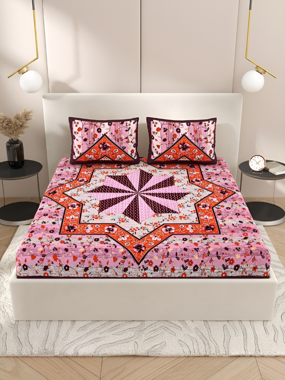 

PATRICKO Peach-Coloured & Orange Floral 210 TC Queen Bedsheet with 2 Pillow Covers