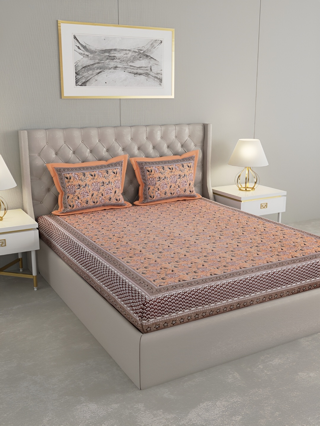 

PATRICKO Orange Floral Cotton 330 TC Super King Double Bedsheet with 2 Pillow Covers