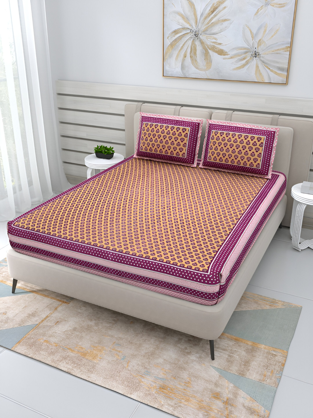 

PATRICKO Purple & Orange Floral Printed Cotton 210 TC Queen Bedsheet with 2 Pillow Covers