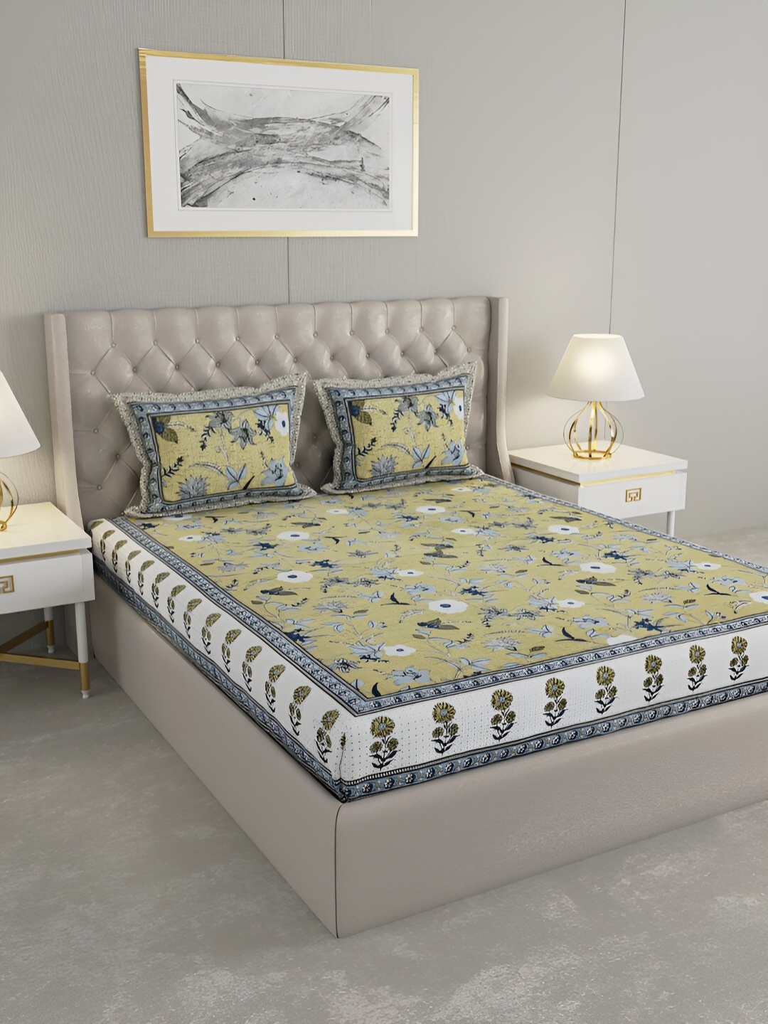 

PATRICKO Olive Green & White Floral 330 TC King Bedsheet with 2 Pillow Covers