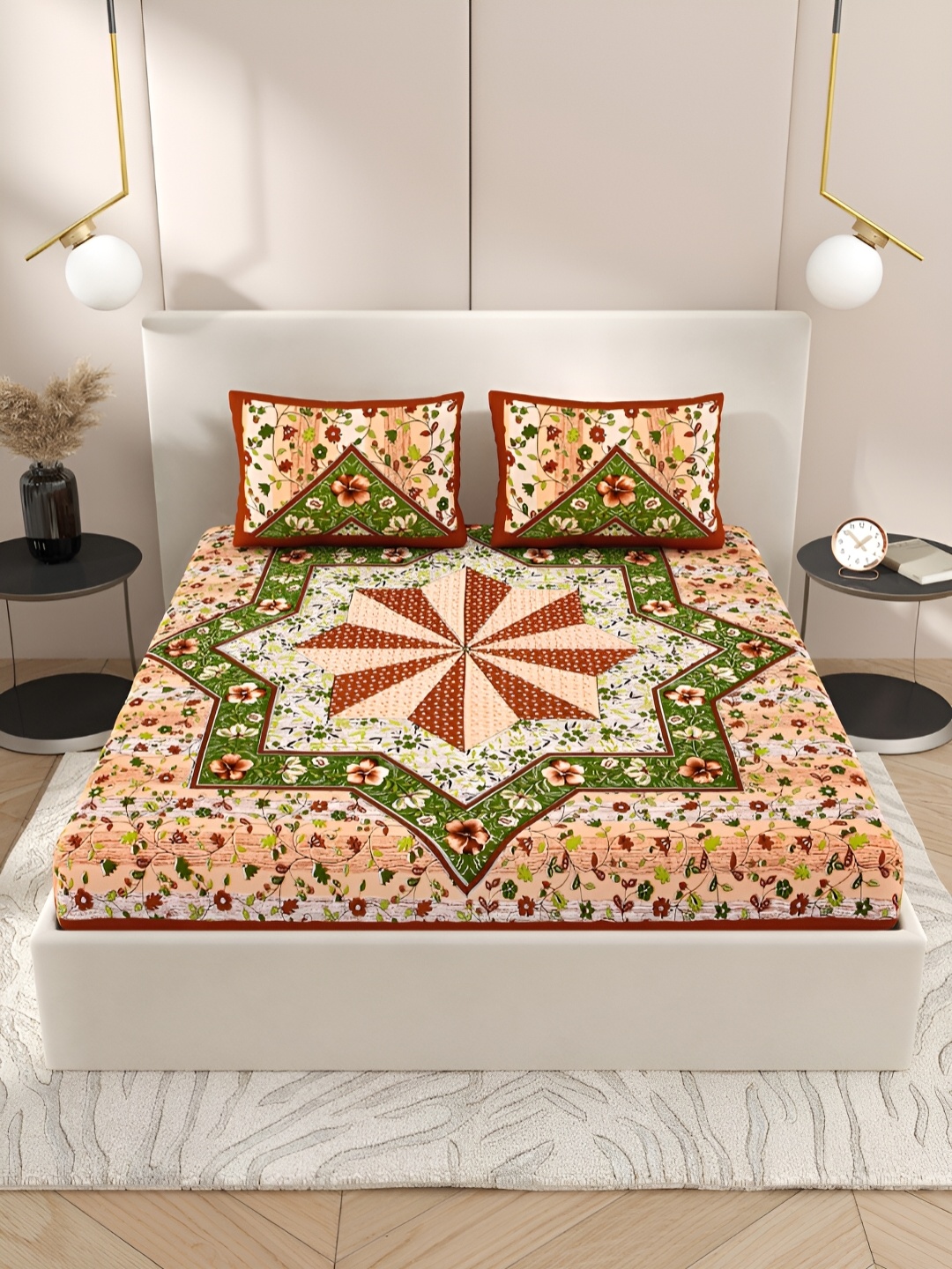 

PATRICKO Brown & Green Floral Printed 210 TC Queen Bedsheet with 2 Pillow Covers