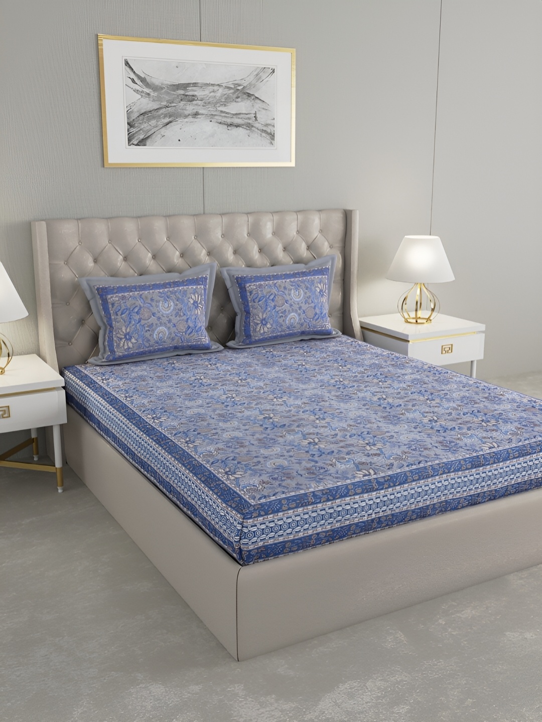 

PATRICKO Grey & Blue Floral Cotton 330 TC King Bedsheet with 2 Pillow Covers